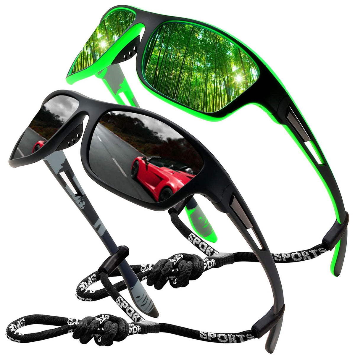 Sports Sunglasses Polarized For Mens Womens Driving Fishing Running Wrap Around Sun Glasses Unbreakable Frame Goggles with Glasses rope Strap UV Protection