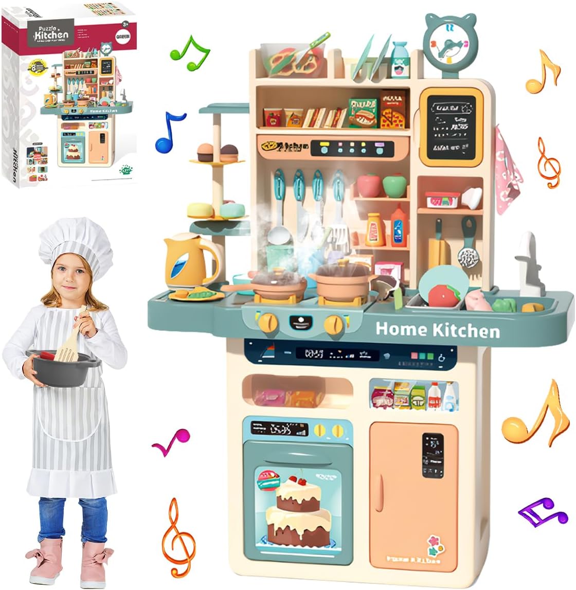 Kids Kitchen Playset 87PCS Mini Kitchen Toy Set, Toddler Cooking Pretend Play Kitchen Appliances with Light & Sound Simulation of Spray Sink Fruit Vegetable Children Role Play Toy for Girls Boys Gift