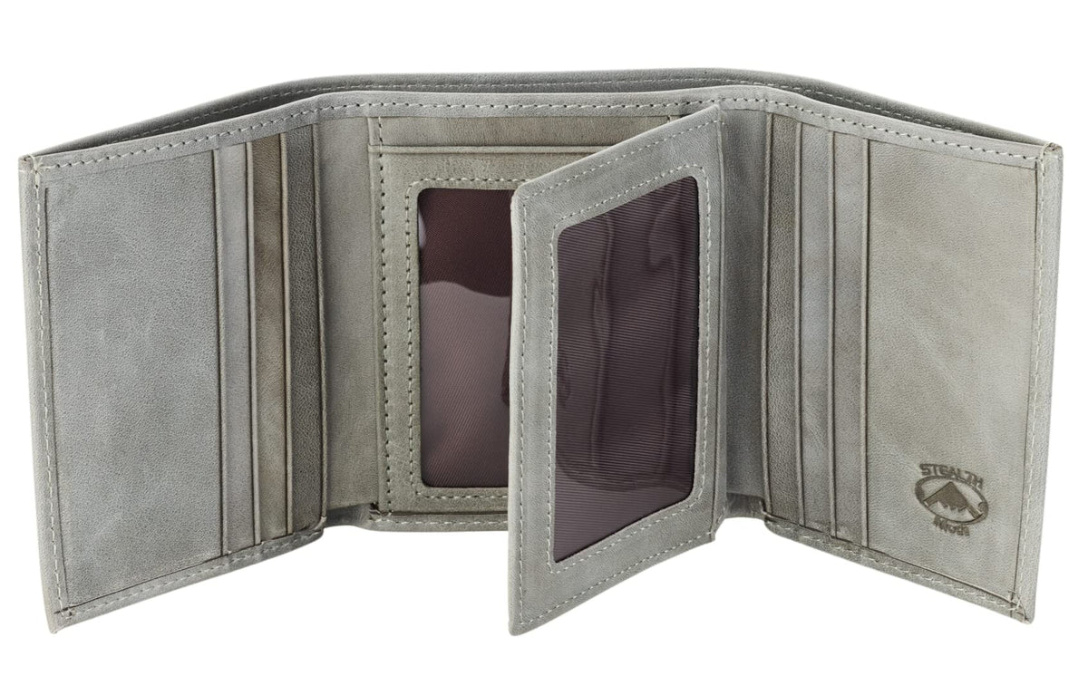 Stealth Mode Leather Trifold RFID Wallet For Men With Flip Out ID Holder - Grey