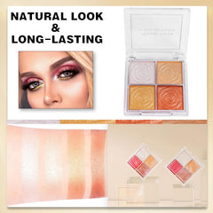 GEEWHILE Shimmer Blushers For Cheeks Make Up, 4 Colors Long-Lasting Blush Palette, 3 In 1 Blusher Contouring Highlighting, Natural-Looking Powder Smudge-proof & Sweat-Resistant Blush for Women (02)