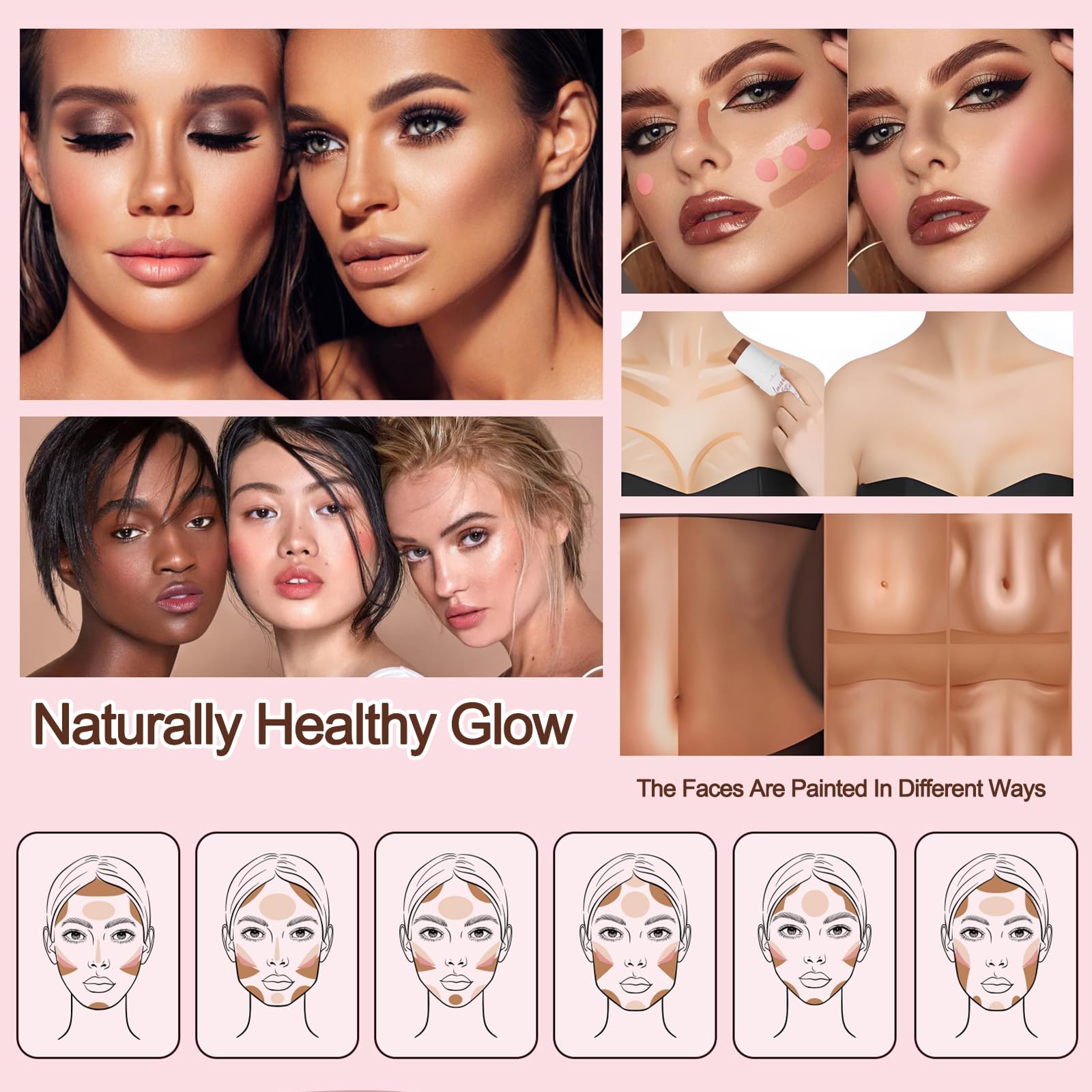 3 Pcs Cream Contour Stick Makeup Kit, Shades with Highlighter Stick, Blush Stick and Bronzer Contour Stick for Brightening, Trimming the Cheeks, Non-greasy, Waterproof Long-lasting Effect (#02,06,09)