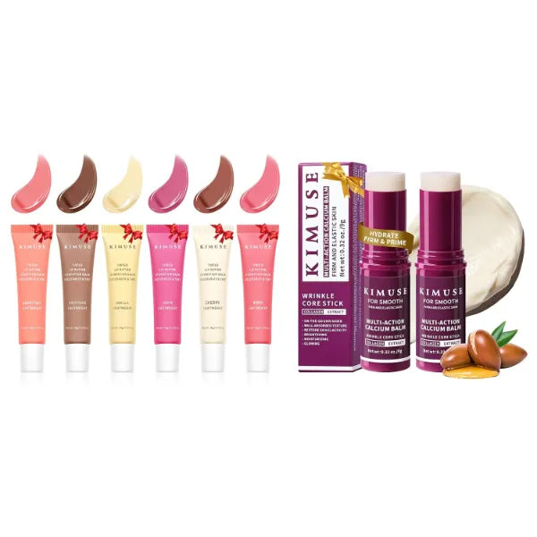 KIMUSE 6 Pcs Tinted Lip Butter Hydration Balm Set & 2 Pack Multi-Action Calcium Balm Stick