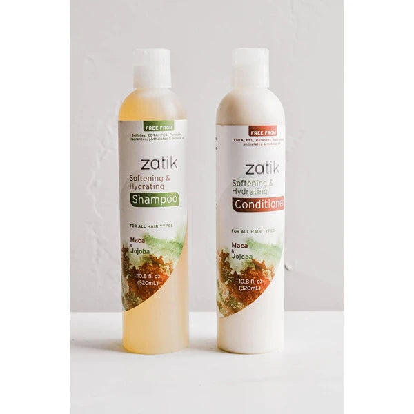 Zatik Naturals - Softening & Hydrating Shampoo + Conditioner Set - with Maca and Jojoba for all Hair, Vegan, Biodegradable, pH Balanced, Free From Sulfates, 10.8 fl oz (One of Each)
