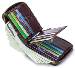 BULLCAPTAIN Mens Genuine Leather Zipper Wallet RFID Blocking Bifold Secure Zip Around Wallets Multi Credit Card Holder Purse (Brown-2)
