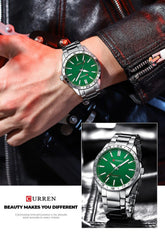 CURREN New Model CURREN Brand Light Up Dial Male Watch Simple 43mm Big Dial Stainless Steel Strap Waterproof 3ATM Men's Clock 8452 - SILBER GREEN