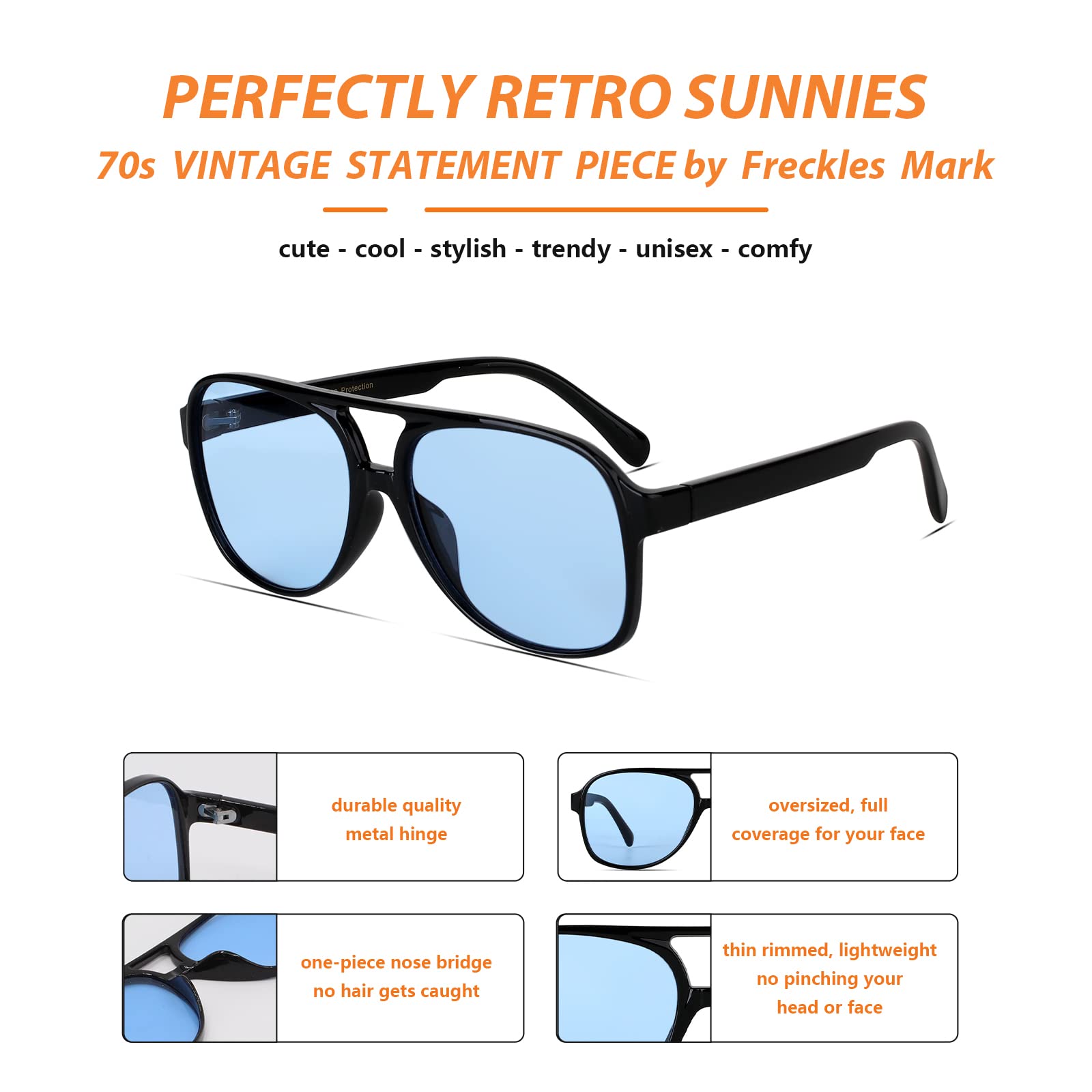 Freckles Mark Vintage Retro 70s Sunglasses for Women Men Classic Large Squared Aviator Frame UV400 Trendy Orange Glasses