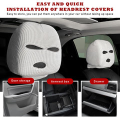 Suvnie 2 PCS Car Headrest Cover, Personalized Funny Car Seat Full Face Mask, Ski Mask Wrap Protection for Auto Front Seat Rest Decoration, Universal Interior Car Accessories (White)