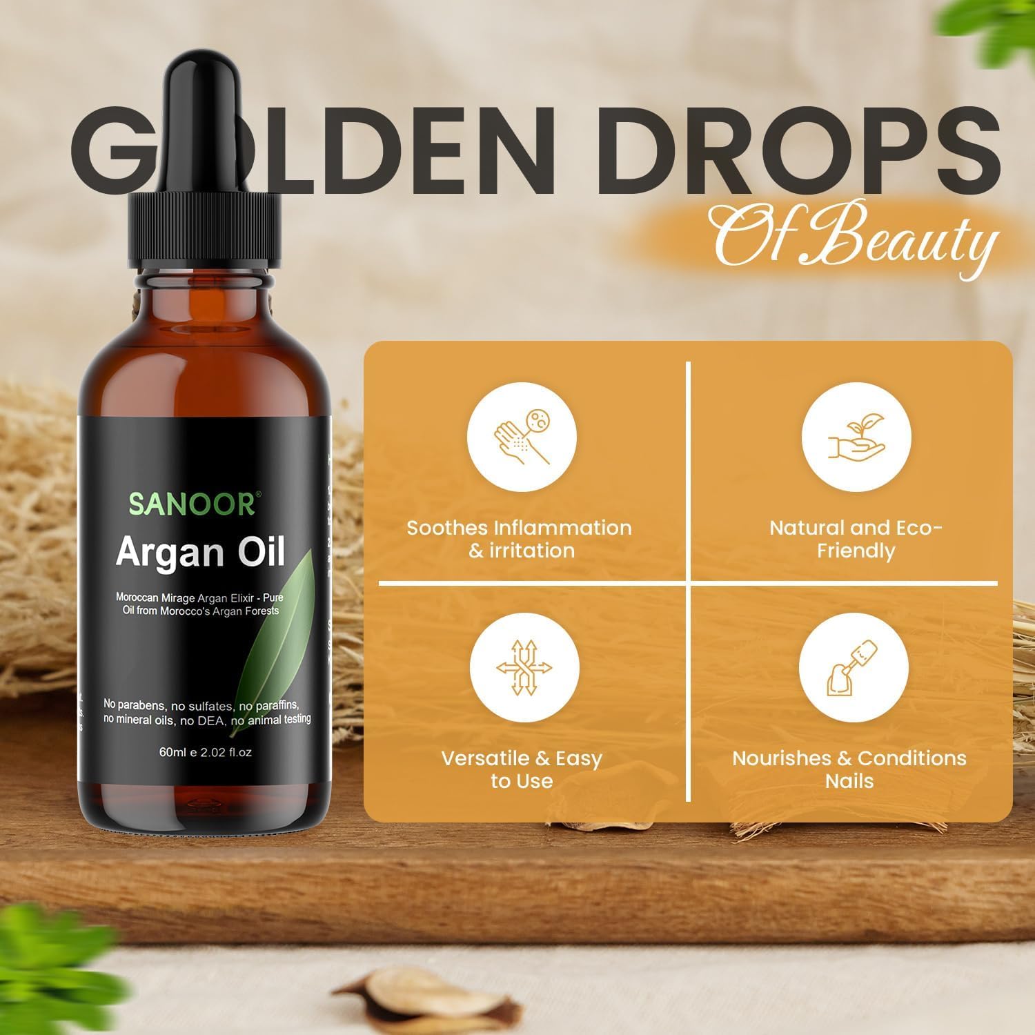 SANOOR Moroccan Mirage Argan Oil Elixir | 100% Pure & Cold-Pressed (2.02oz/60ml) | Nutrient-Rich Hair Butter for Softness & Shine | Hydrating & Restorative | FDA Approved