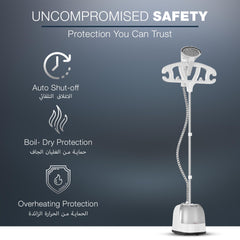 Nikai 1800W Garment Steamer with Ironing Board, Thermostat Protection, Adjustable Telescopic Pole, Suit Hanger, 2L Water Tank Capacity, 45 Sec Preheat, 2 Systems Levels, 50 Min Steam - NGS266A