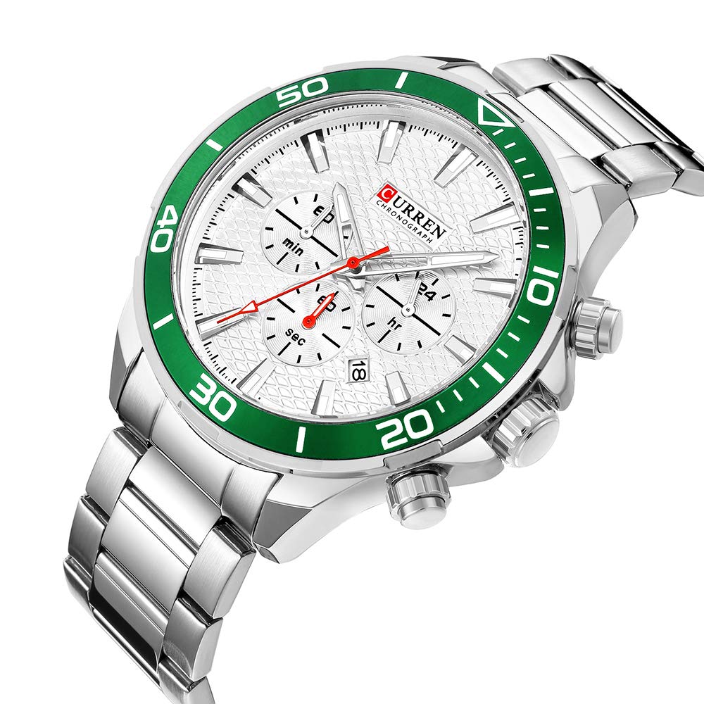 CURREN Anself 8309 Watch Men Sport Quartz Calendar Day Minute Second Round Dial Wrist Stainless Steel Luminous Pointer Fashion Causal Watch - Silver