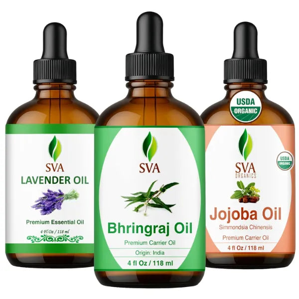 SVA ORGANICS Bhringraj, Lavender, and Jojoba Oil 4 oz Bundle – Premium Grade Bundle Set for Hair Oiling, Scalp Massage, Hair Care, Face, Skin Care and Body Massage