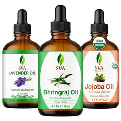 SVA ORGANICS Bhringraj, Lavender, and Jojoba Oil 4 oz Bundle – Premium Grade Bundle Set for Hair Oiling, Scalp Massage, Hair Care, Face, Skin Care and Body Massage