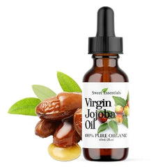 Sweet Essentials Organic Unrefined Jojoba Oil, Imported From Argentina, 100% Pure, Cold Pressed For Hair, Skin & Nails Best Natural Moisturizer, Hexane Free (2 fl oz Glass Bottle W/Dropper)