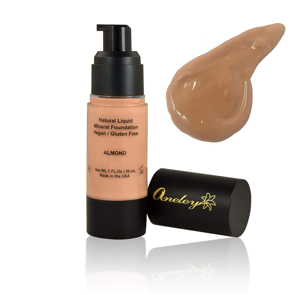 liquid mineral foundation organic natural vegan cruelty free chemical free full coverage aloe base highly pigmented lightweight formula acts as a moisturizer, sunblock and skin care (Almond)