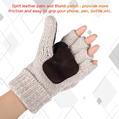 Winter Gloves, Convertible Wool Mittens for Men and Women, Warm Thermal Knit Flip Top Snow Glove for Cold Weather - Beige