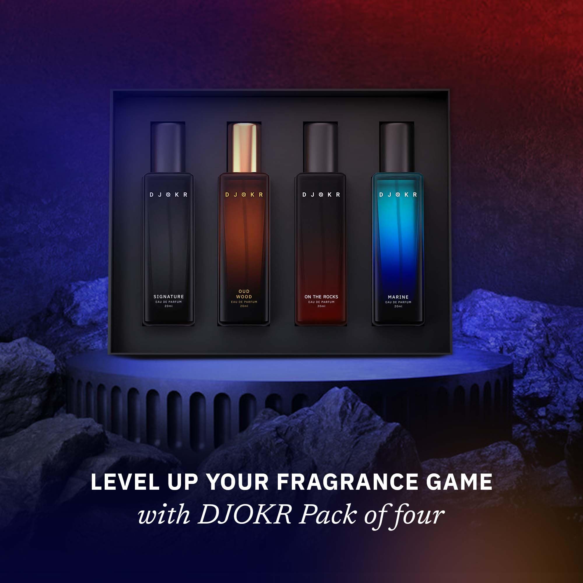 DJOKR Perfume Gift Set for Men Pack of 4x20 ML | Eau De Parfum | Premium Luxury Long Lasting Fragrance Spray | Signature, On The Rocks, Oud Wood, Marine (4x20 ml)