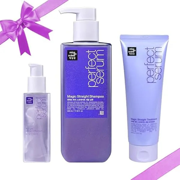 Mise En Scene Perfect Serum Magic Straight Trio Magic Straight Serum 2.71 Fl Oz with Shampoo 17.92 Fl Oz &Treatment 7.77 Fl Oz  Hair Taming Oil for Frizzy Heat Protectant Straightening Fixing