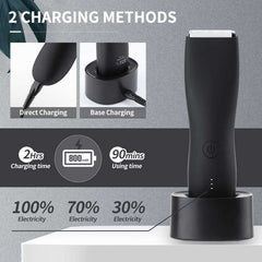 Electric Body Hair Trimmer for Men Groin Trimmer Beard Hair Clippers Mens Grooming Kit, Cordless Ceramic Blade Heads IPX6 Waterproof for Wet/Dry Use Low Sound Body Trimmer (Standing Recharge Dock)