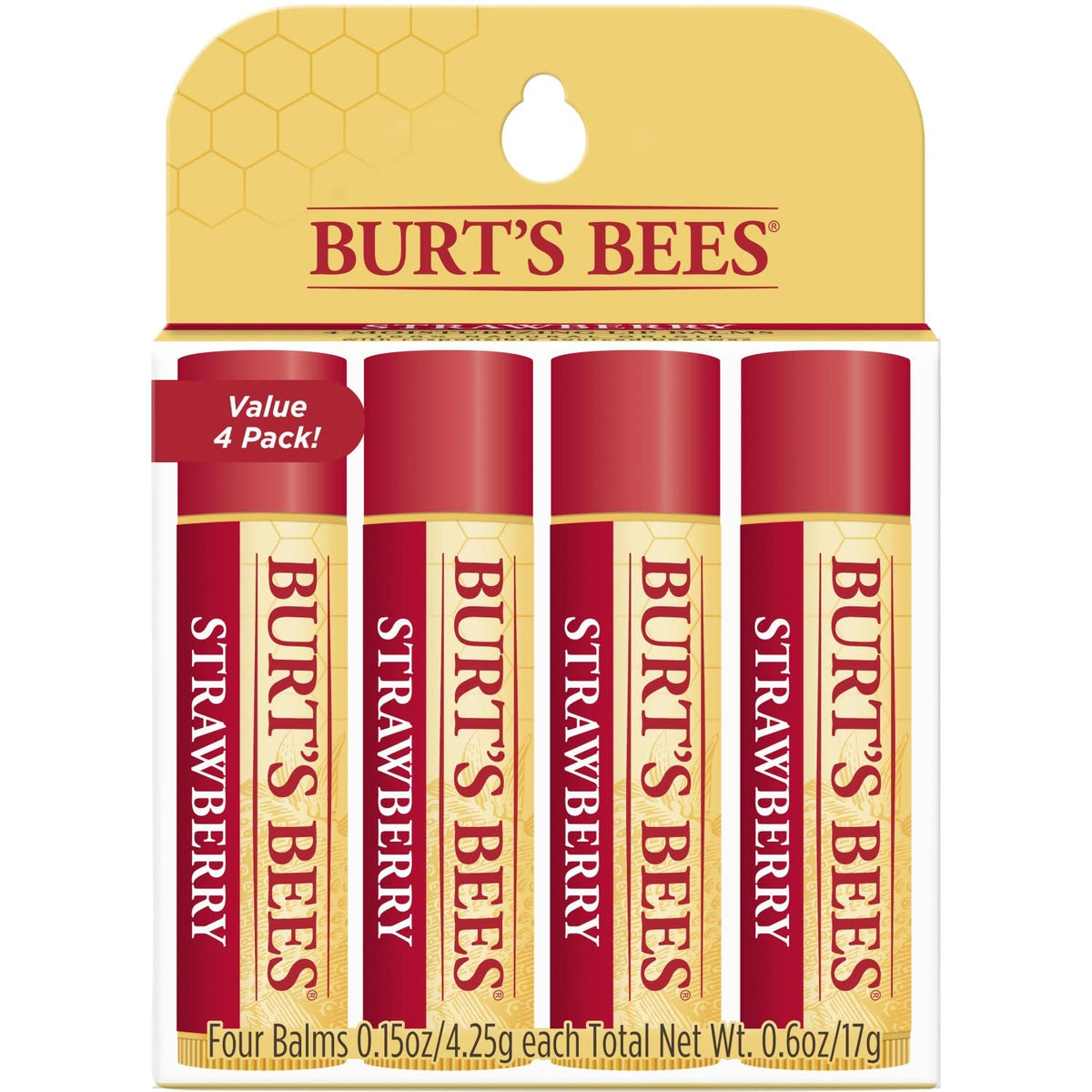 Burt's Bees (Strawberry) - 100% Natural Moisturising Lip Balm, Strawberry with Beeswax & Fruit Extracts - 4 Tubes