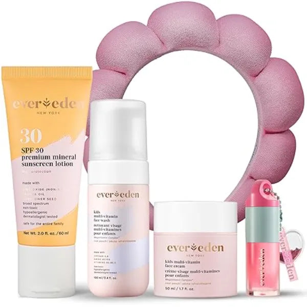 Evereden Kids Skincare Set Trio Routine with Multi Vitamin Face Wash & Cream, SPF 30 Mineral Sunscreen, Spa Headband & Tinted Lip Gloss Gentle, Nourishing Daily Care for Kids