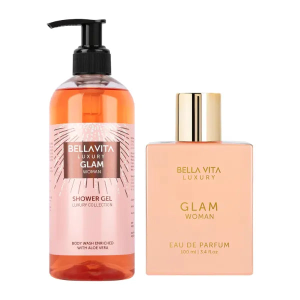 BellaVita Luxury Glam Perfume & Body Wash Combo for Women | Eau De Parfum with Jasmine, White Honey, Rose & Cedar (100ml) + Fruity Floral Shower Gel with Aloe Vera (500ml) | Gentle & Refreshing