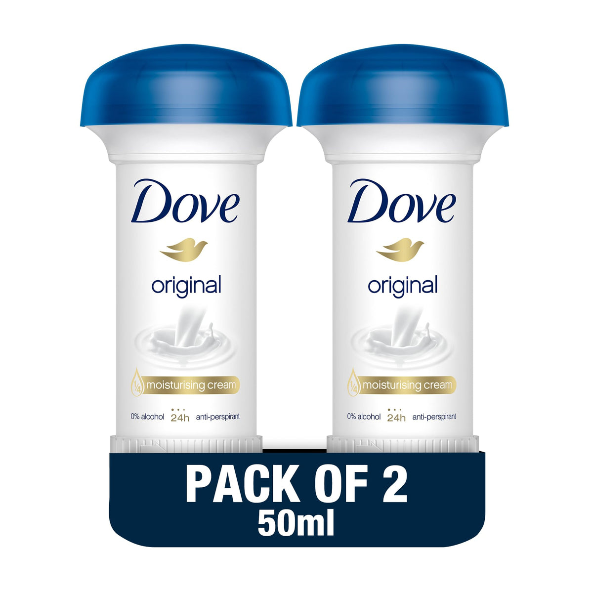Dove Women Antiperspirant Deodorant Cream, for 24H Protection, Original, Alcohol Free with ¼ Moisturising Cream, 50ml, Pack of 2