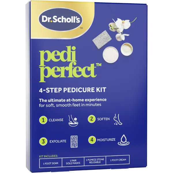 Dr. Scholl’s Pedi Perfect 4 in 1 Pedicure Kit The Ultimate At Home Spa Pedicure Experience, Foot Soak, Exfoliating Mask, Moisturizing Cream, Pumice Stone Callus Remover, Soft Smooth Feet in Minutes