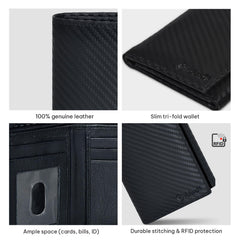 VALENCHI Men's Genuine Leather Rfid Blocking Slim Trifold Wallet With 7 Cards+1 Id Window+2 Note Compartments - Black Carbon
