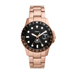 Fossil Men's Blue GMT Stainless Steel Three-Hand Watch, Color: Rose Gold/Chocolate (Model: FS6027)