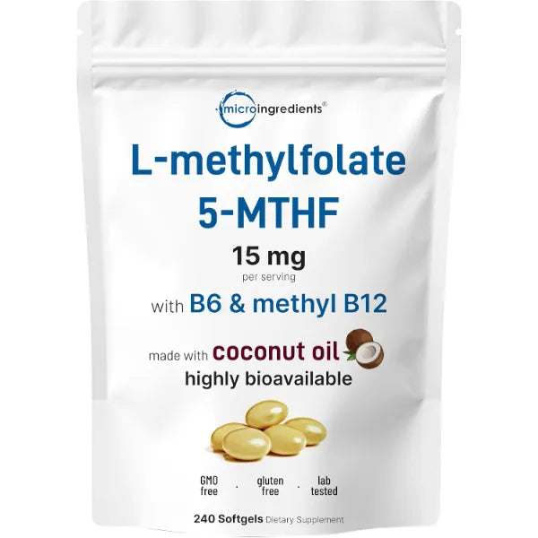 Micro Ingredients L Methylfolate 15mg, 240 Softgels | Active 5-MTHF with B6 & Methyl B12 | Methylated Vitamin B9 with Coconut Oil