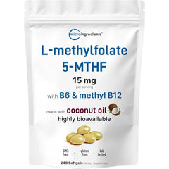 Micro Ingredients L Methylfolate 15mg, 240 Softgels | Active 5-MTHF with B6 & Methyl B12 | Methylated Vitamin B9 with Coconut Oil