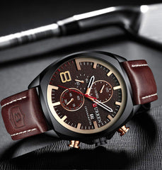 Herren-Armbanduhr mit Lederarmband, klassisch, lssig, Edelstahl, wasserdicht, Chronograph, Datum, analog, Quarzuhr - Black/gold