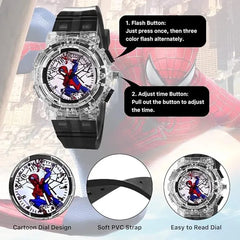 Spider-Man Watch for Kids, Superhero Kids Analog Watch, Adjustable Strap Learning Time Kids Wrist Watch with 3 Colors Flashing, Soft Silicone Strap, Fun Time-Telling for Toddlers, Boys, Girls Light