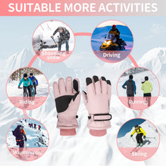 Women Ski Gloves, Waterproof Thermal Gloves for Women Men, Touchscreen Gloves Winter Warm Gloves Snow Sports Heat Holder Hand Warmers with Adjustable Cuff for Outdoor Cycling Hiking Skating Snowboard - Black / Pink