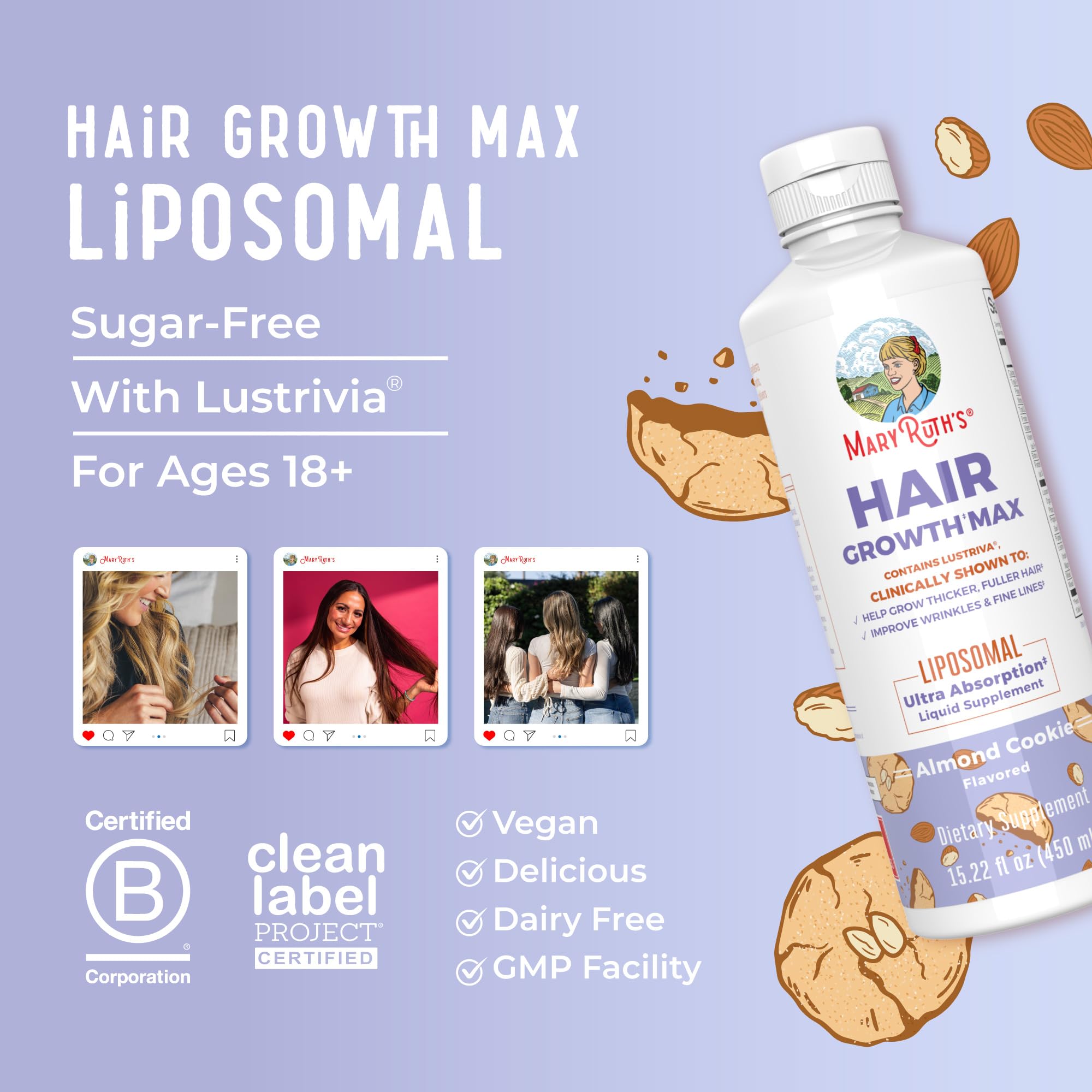 MaryRuth Organics Women's Hair Growth MAX Liposomal | with Lustriva® Biotin 10000mcg Pumpkin Seed Oil| Thicker Hair | Hair Care | Wrinkles, Fine Lines, Skin Care | Ages 18 | 15.22 Fl Oz