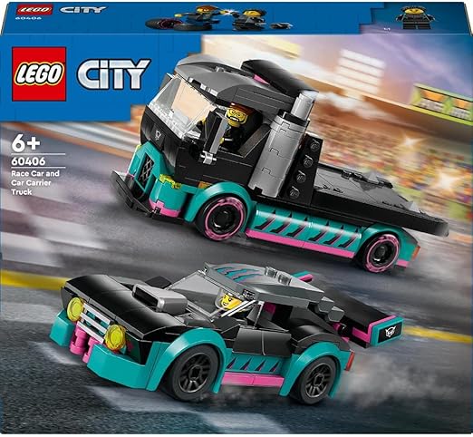 LEGO City Race Car and Car Carrier Truck Toy, Vehicle and Transporter Building Set for 6 Plus Year Old Boys & Girls with Adjustable Loading Ramp, Racer and Driver Minifigures, Fun Gift for Kids 60406