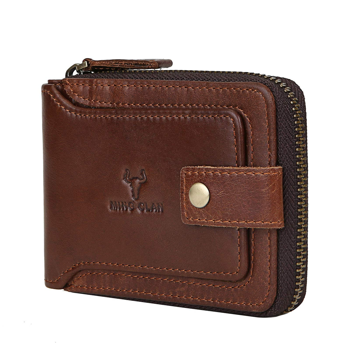 MING CLAN Zipper Wallet Men RFID Blocking Leather Bifold Wallets For Men - Flap ID Window Zip Coin Pocket Mens Zipper Wallets - Big Capacity - Brown