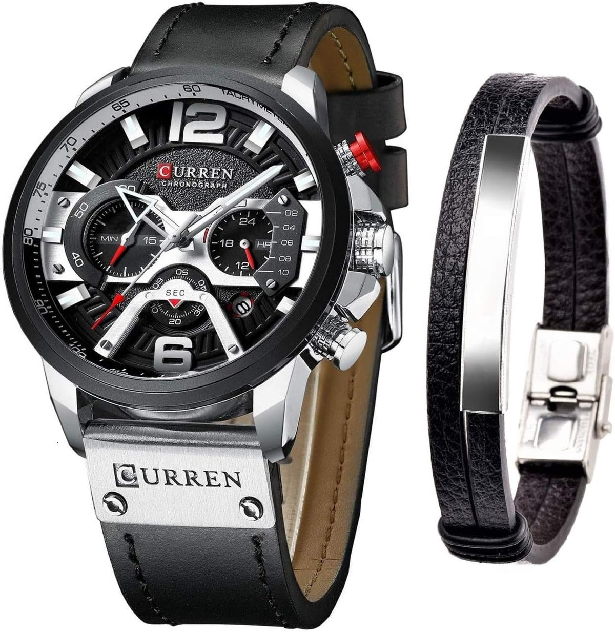 CURREN Watches Men Quartz Leather Chronograph Watch and Fashion Bracelet Set Analog Watches for Men Luxury Wristwatch Gifts for Dad Boyfriend, Silver, Quartz Watch,Chronograph - Black