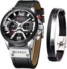 CURREN Watches Men Quartz Leather Chronograph Watch and Fashion Bracelet Set Analog Watches for Men Luxury Wristwatch Gifts for Dad Boyfriend, Silver, Quartz Watch,Chronograph - Black