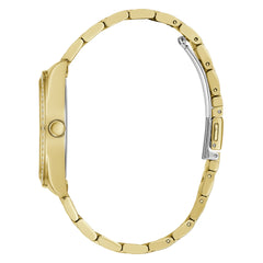 GUESS 36mm Stainless Steel Day-Date Watch with Coin Edge Bezel, Silver-Tone/Blue