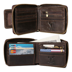 MING CLAN Zipper Wallet Men RFID Blocking Leather Bifold Wallets For Men - Flap ID Window Zip Coin Pocket Mens Zipper Wallets - Big Capacity - Coffee
