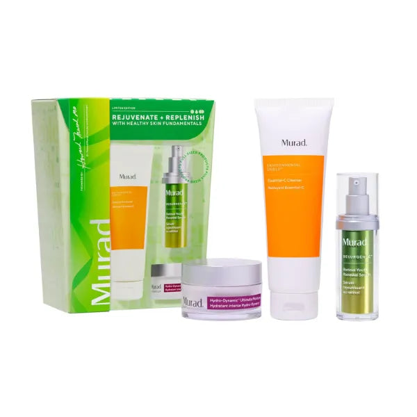 Murad Rejuvenate + Replenish w/ Healthy Skin - 3-Piece Full Sized Set - Regimen for Total Skin Health - Ess-C Cleanser 6.75Fl Oz, Retinol Serum 1.0Fl Oz, Hydro Dynamic Moisture 1.7Fl Oz