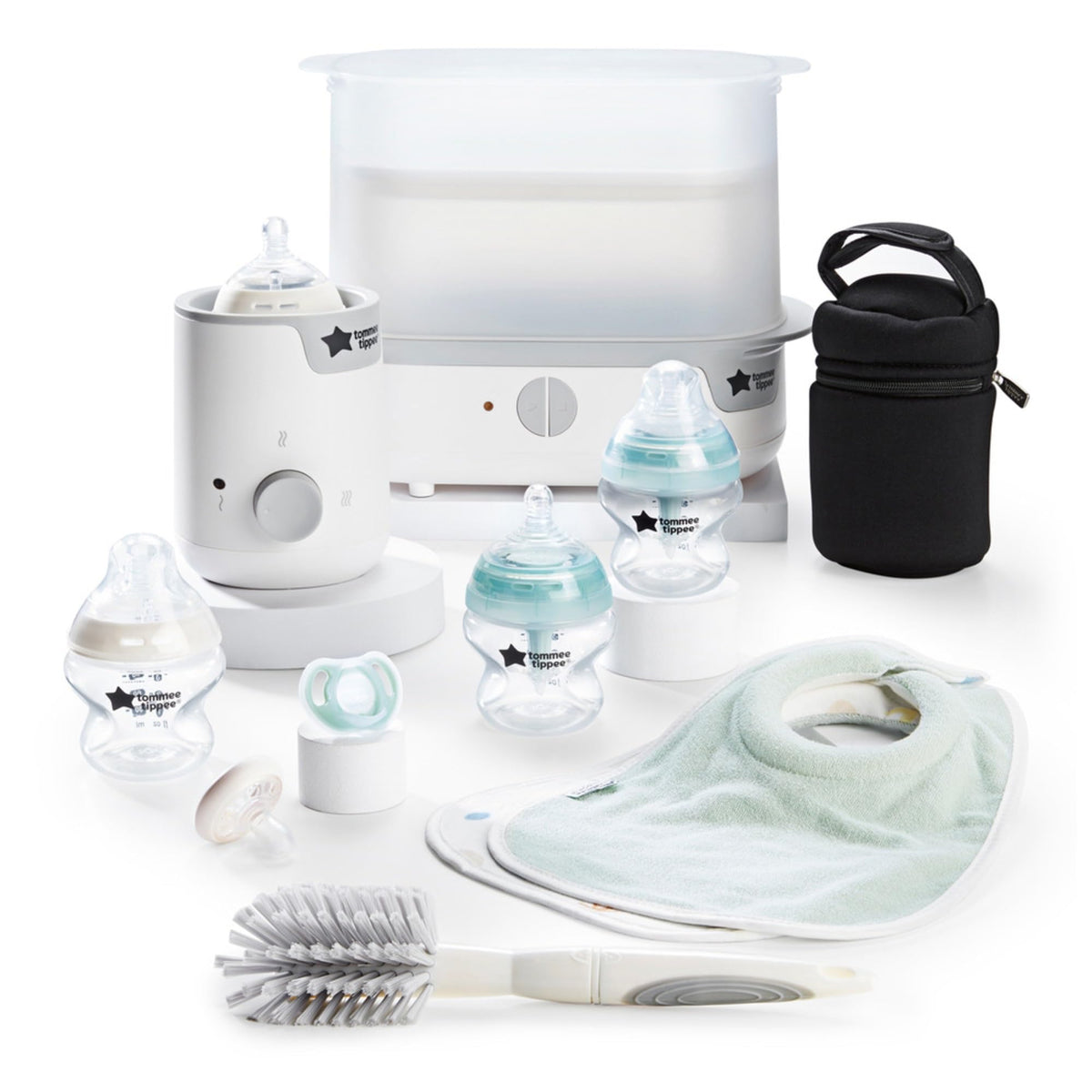 Tommee Tippee Closer to Nature Complete Feeding Set, Electric Steam Steriliser with Insulated Bottle Bag, Newborn Baby Bottles and Easiwarm Bottle Warmer, White