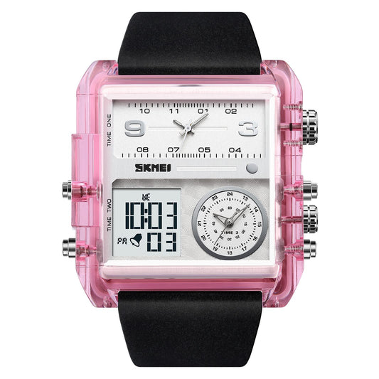 SKMEI Men's Square Watch, LED Backlight Large Screen Multi-Time Zone Men's Watch, Waterproof Analog Men's Digital Sports Watch, 2020 - Pink Transparent