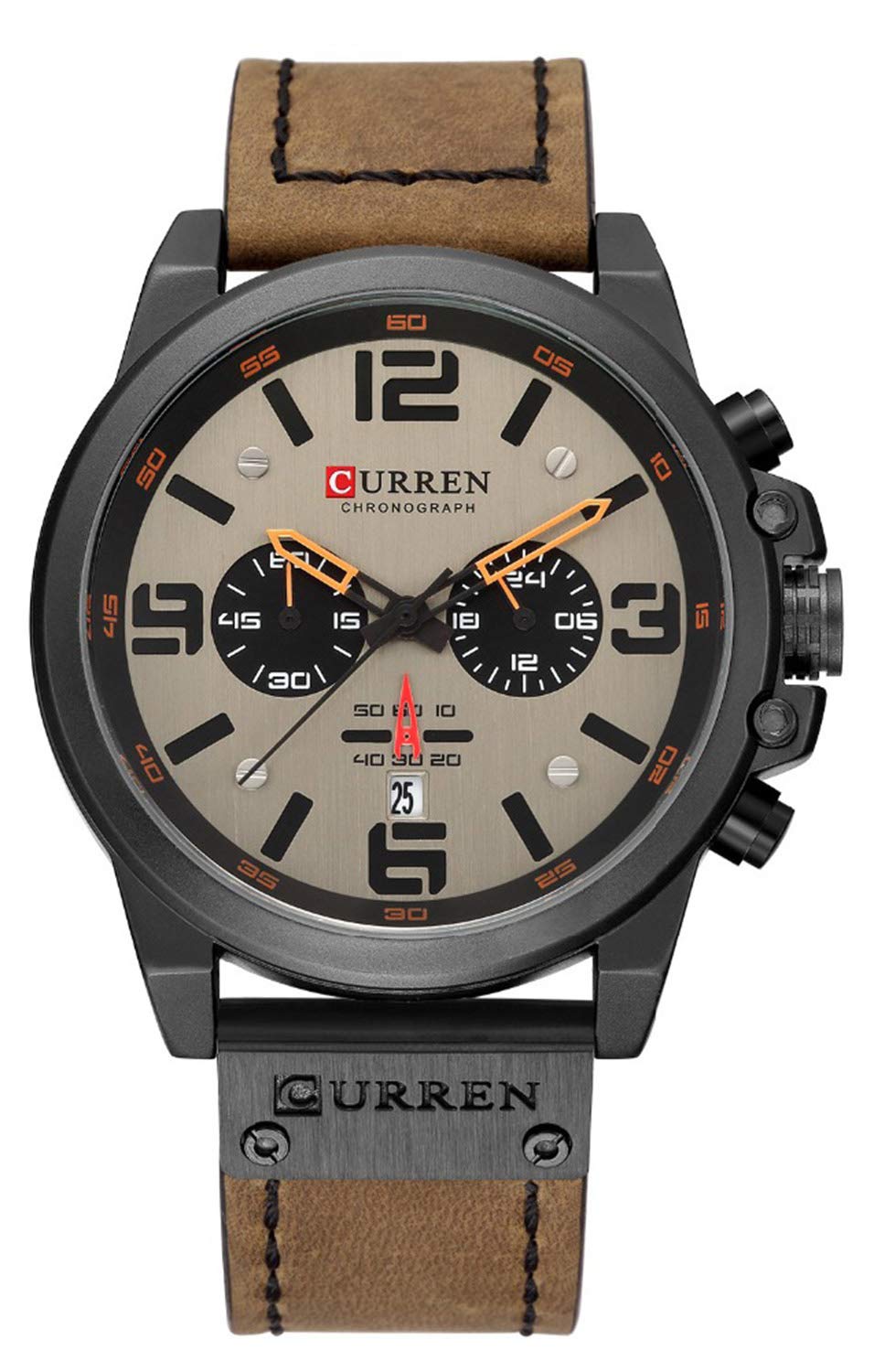 CURREN Brown Chronograph Fashion Trend Multi-Function Waterproof Quartz Watch Leather Strap Military Watch (Brown)