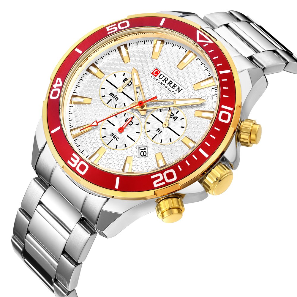 Curren Analog Watch Stainless Steel Band Waterproof Wristwatch with Date Display, 8309 - Black, Gold