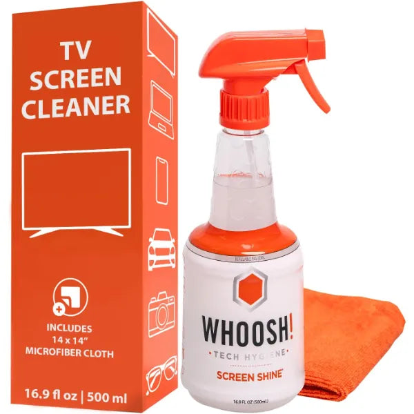 WHOOSH! Screen Shine Pro 16.9 fl oz Refillable TV Screen Cleaner with Microfiber Cloth - Streak-Free Cleaner for Flat Screen, OLED TV, LCD, Smart TV, and Monitors - Non-Toxic and Odorless Formula