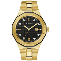 Bulova Men's Classic Stainless Steel 3-Hand Date Quartz Watch with Diamonds and Day Date, 44mm - Gold