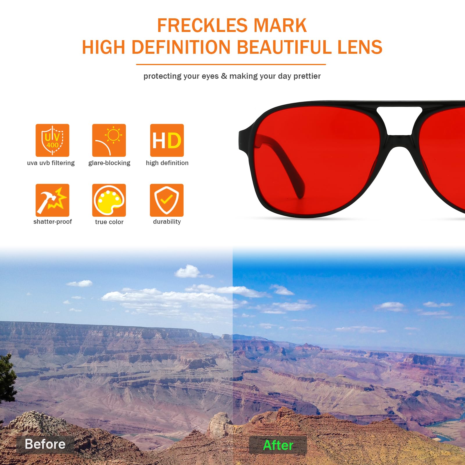 Freckles Mark Vintage Retro 70s Sunglasses for Women Men Classic Large Squared Aviator Frame UV400 Trendy Orange Glasses