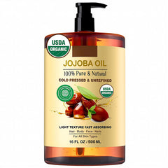 Nigwedete Organic Jojoba Oil (500 ml), USDA Certified, 100% Pure Natural Large Capacity Body Oil for Skin Face and Hair, Deep Moisturizing Anti-Aging Cold Pressed Unrefined for Women
